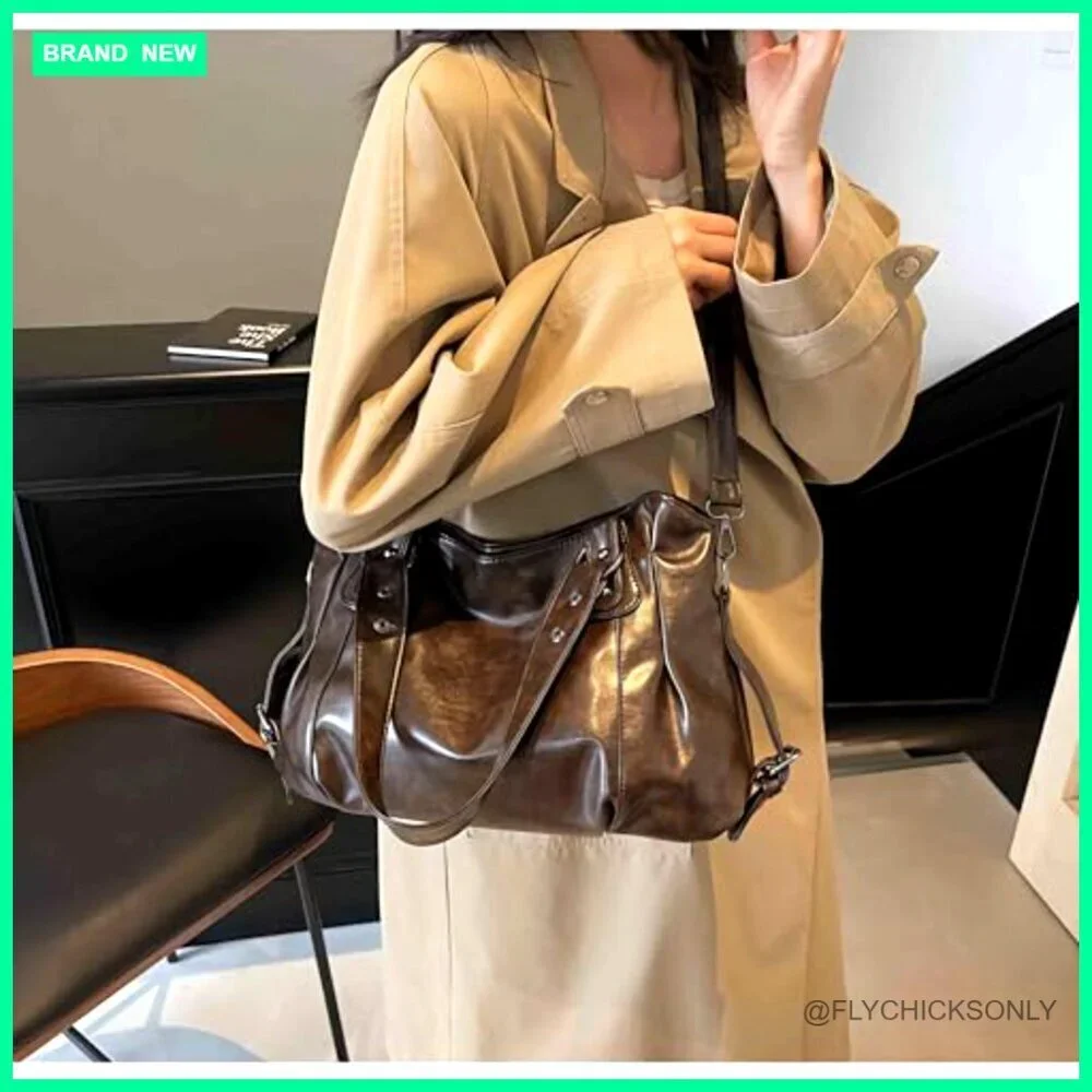 Large Vintage Hobo Shoulder Bag, Vegan Leather Crossbody Purse, Adjustable Strap